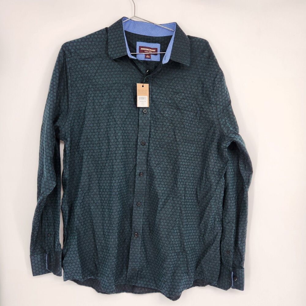 NWT Johnston & Murphy Mens Large Green Linked Ovals Button Up Shirt